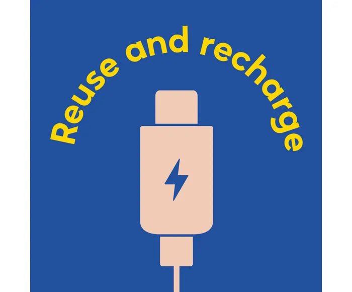 Icon of a USB plug with a lightning bolt symbol on a blue background with 'Reuse and recharge' text.