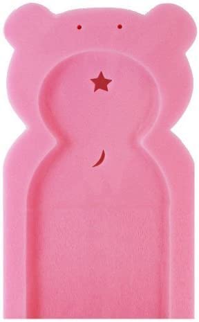 A pink bear-shaped sponge baby bath with a star and crescent moon cutout, shown against a plain white background.