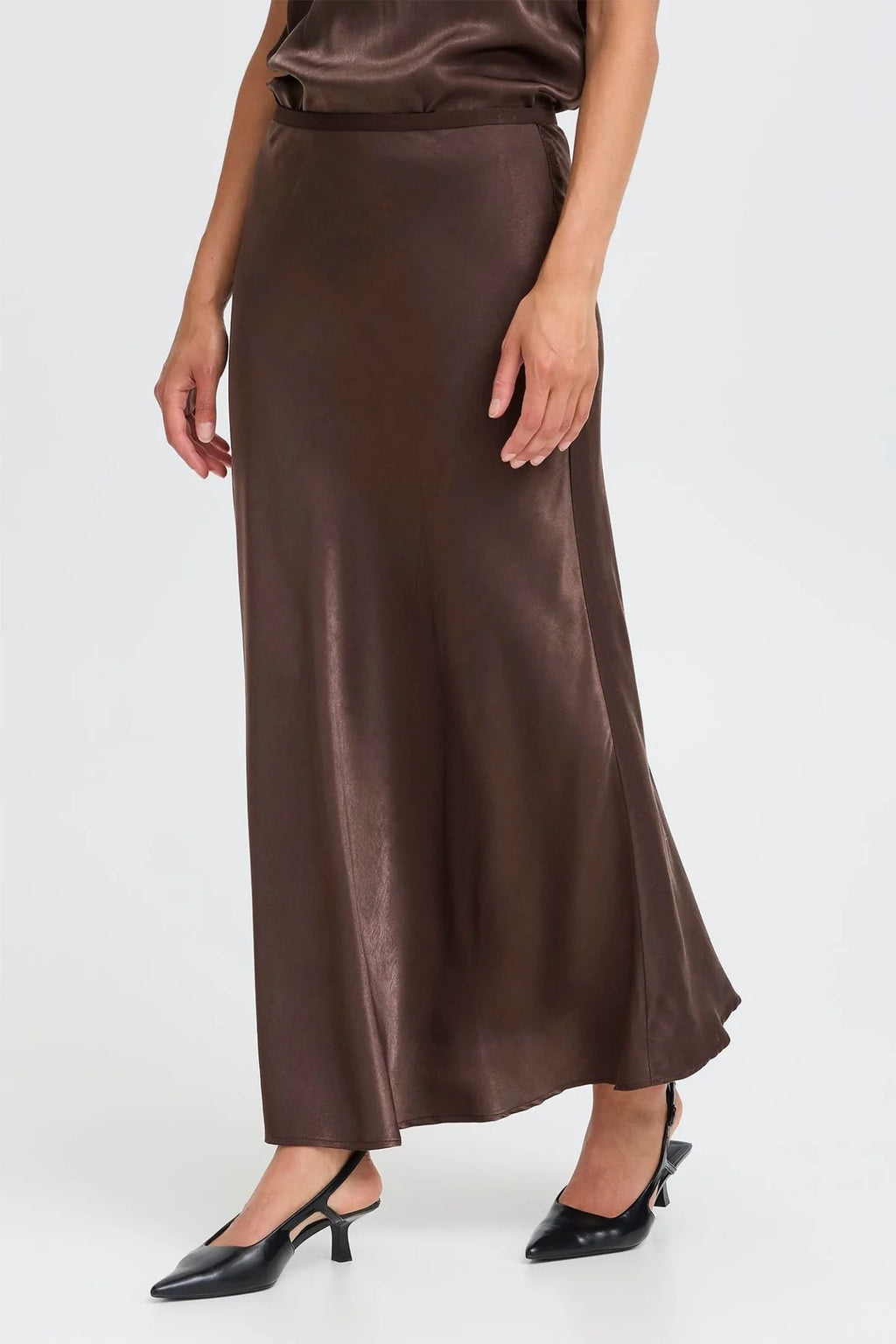 Fransa FRSHINA Chocolate Brown Satin Midi Skirt | Elegant Draped Fit