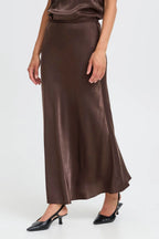 Fransa FRSHINA Chocolate Brown Satin Midi Skirt | Elegant Draped Fit