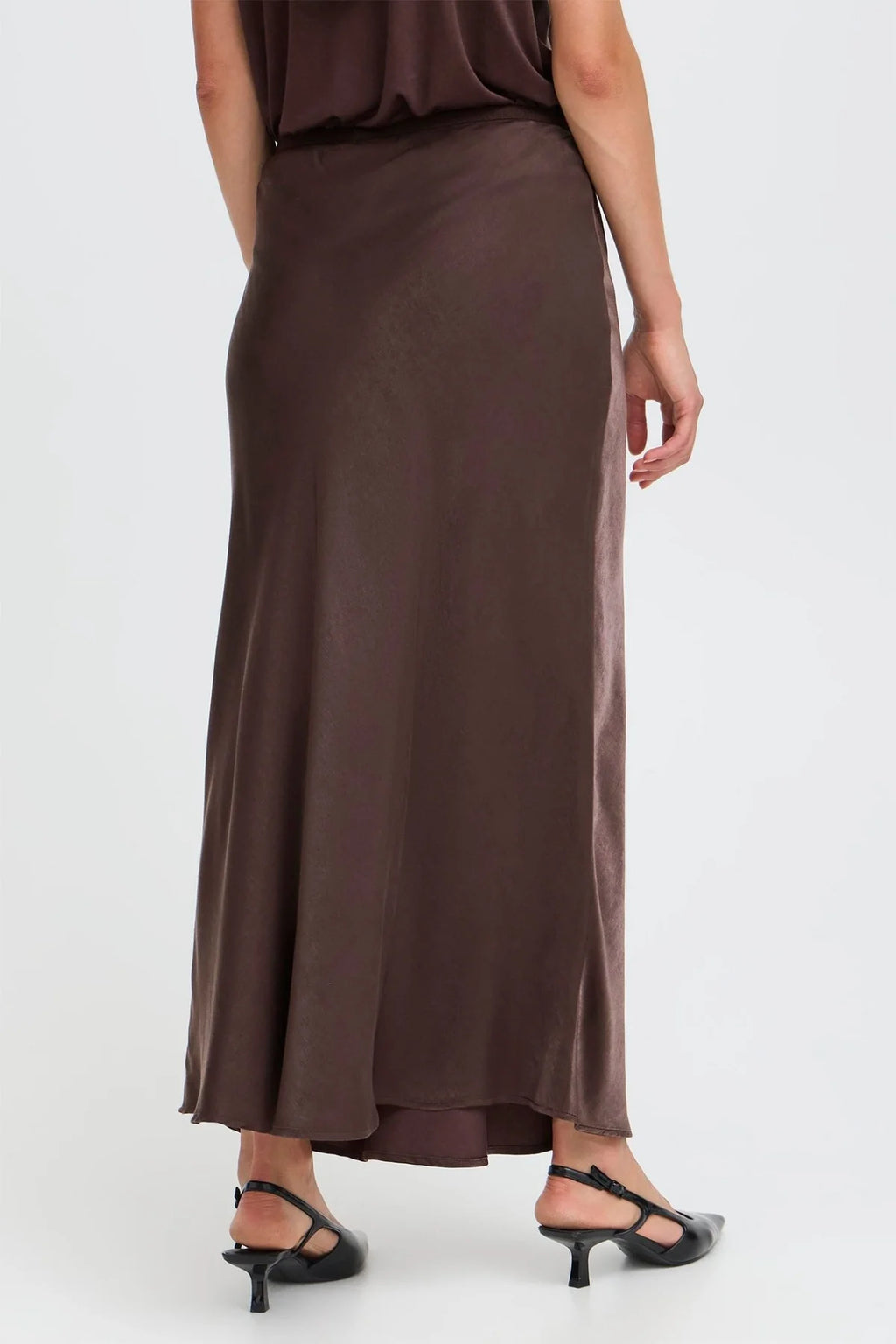 Fransa FRSHINA Chocolate Brown Satin Midi Skirt | Elegant Draped Fit