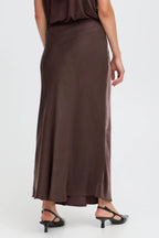 Fransa FRSHINA Chocolate Brown Satin Midi Skirt | Elegant Draped Fit
