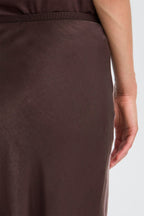 Fransa FRSHINA Chocolate Brown Satin Midi Skirt | Elegant Draped Fit