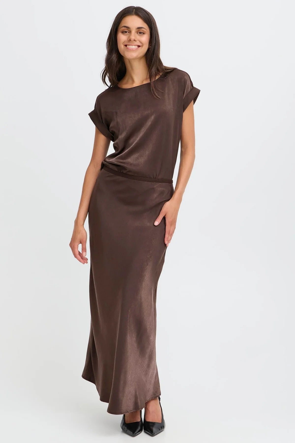 Fransa FRSHINA Chocolate Brown Satin Midi Skirt | Elegant Draped Fit
