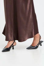 Fransa FRSHINA Chocolate Brown Satin Midi Skirt | Elegant Draped Fit