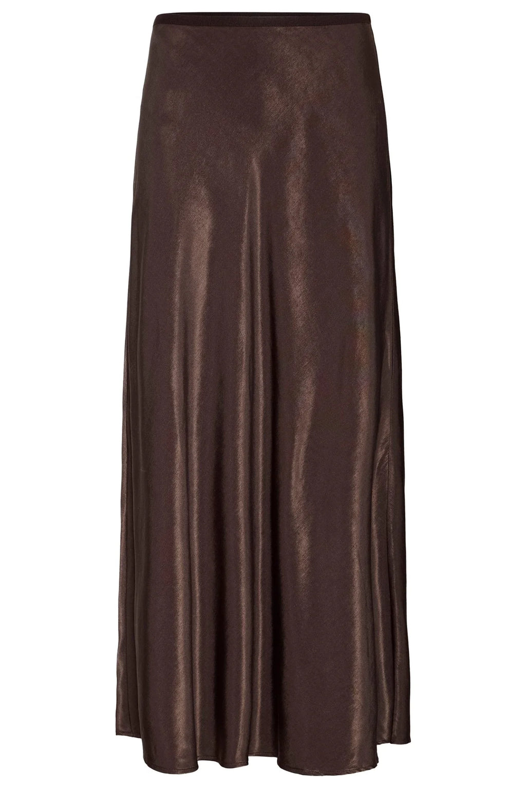 Fransa FRSHINA Chocolate Brown Satin Midi Skirt | Elegant Draped Fit