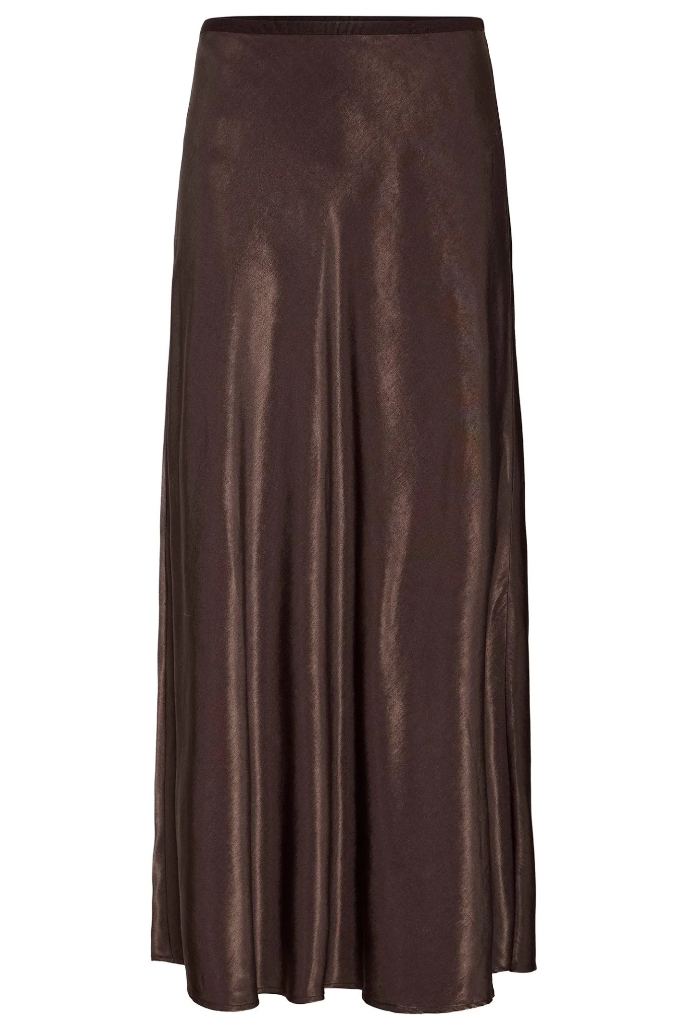 Fransa FRSHINA Chocolate Brown Satin Midi Skirt | Elegant Draped Fit