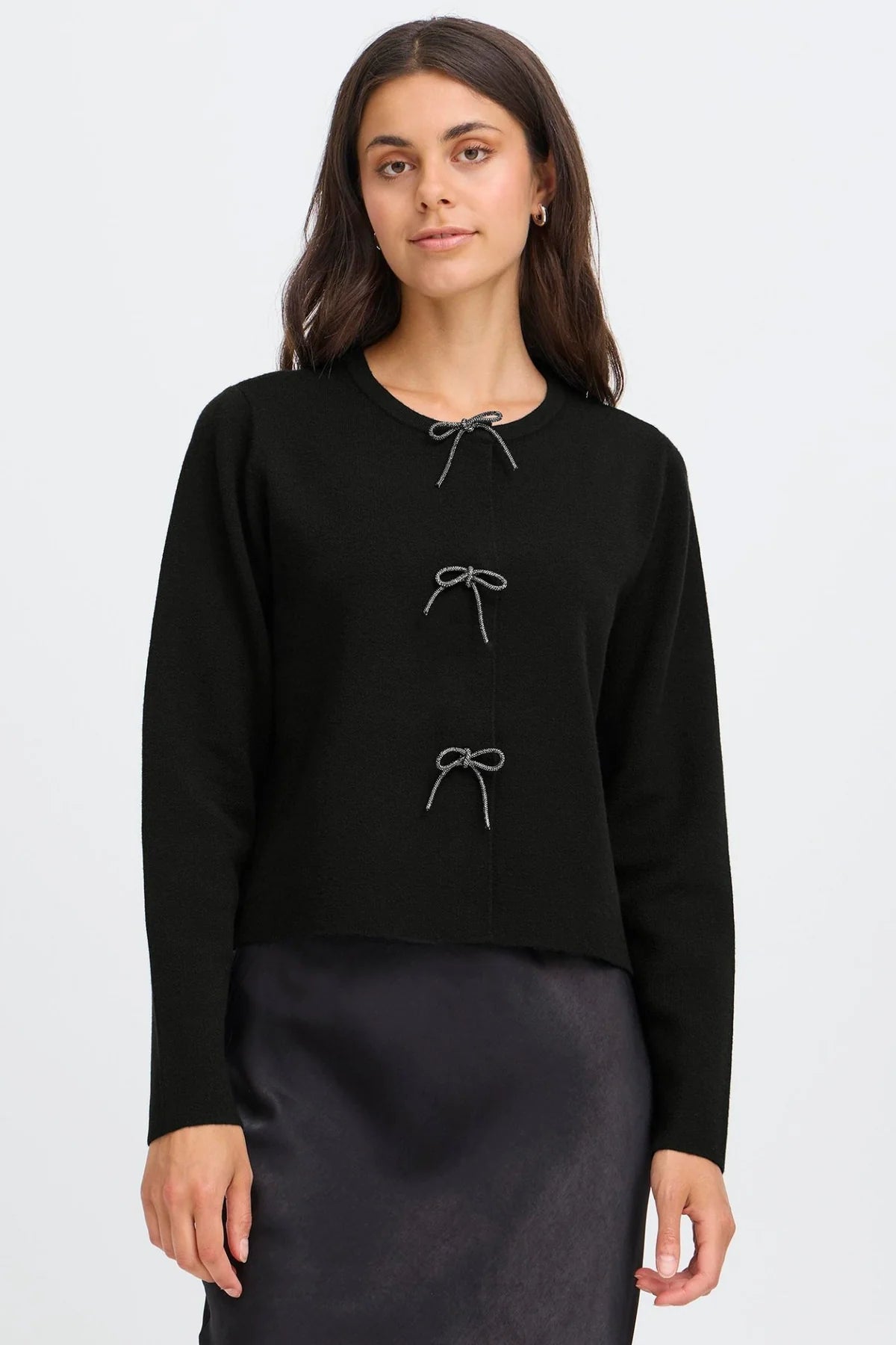 Fransa FRSALLY Meteorite Black Cardigan | Bow-Tie Knit Layer