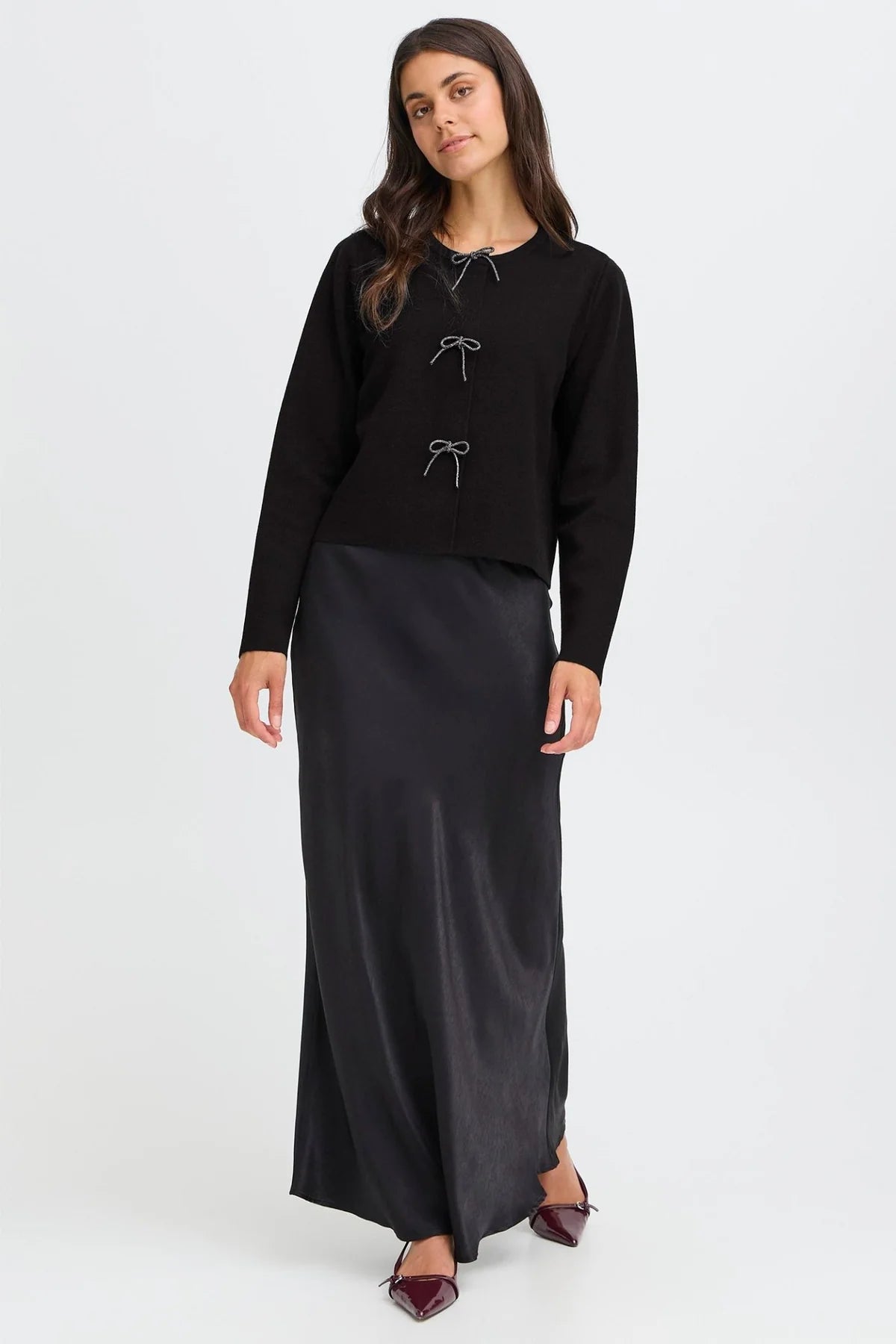 Fransa FRSALLY Meteorite Black Cardigan | Bow-Tie Knit Layer