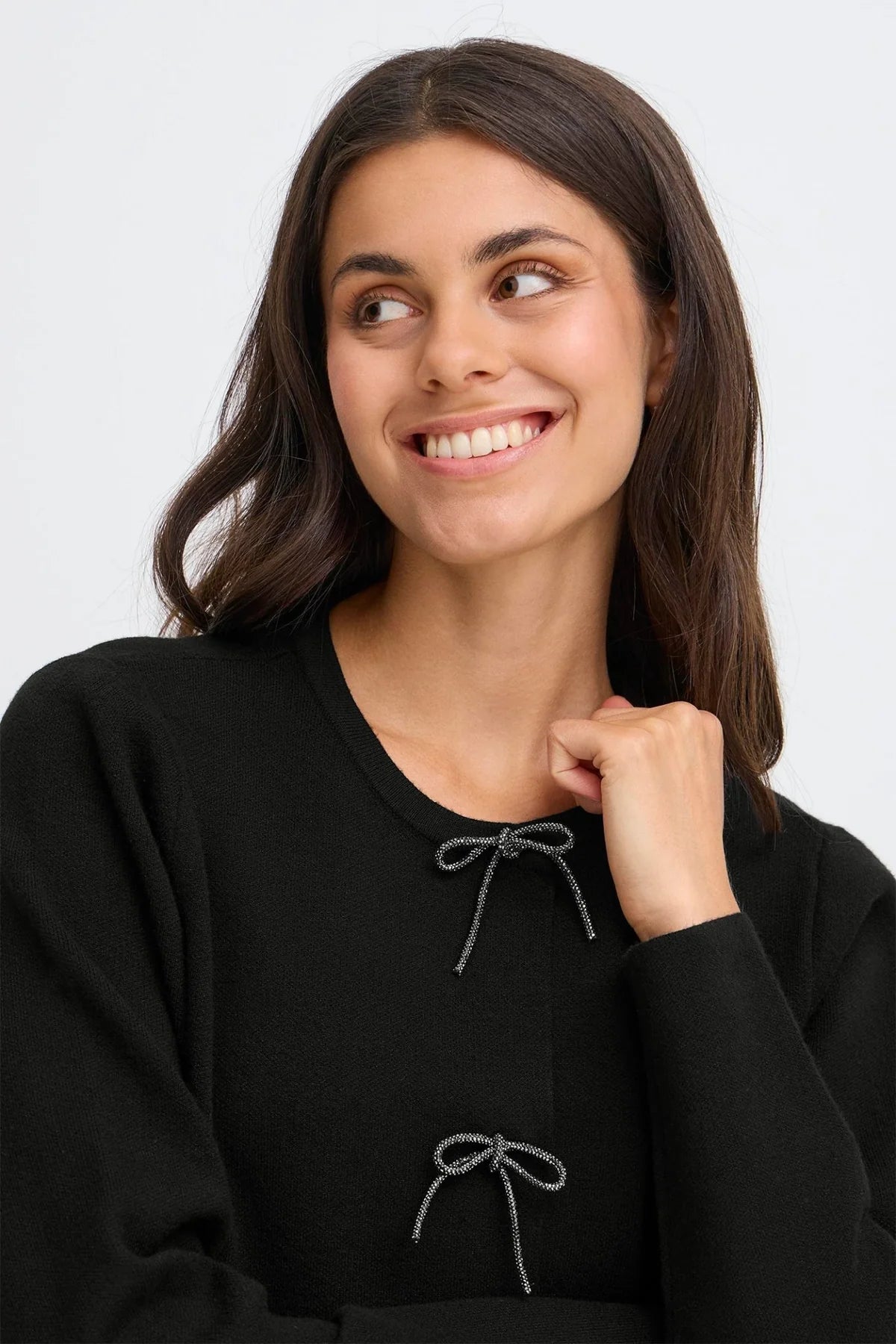 Fransa FRSALLY Meteorite Black Cardigan | Bow-Tie Knit Layer