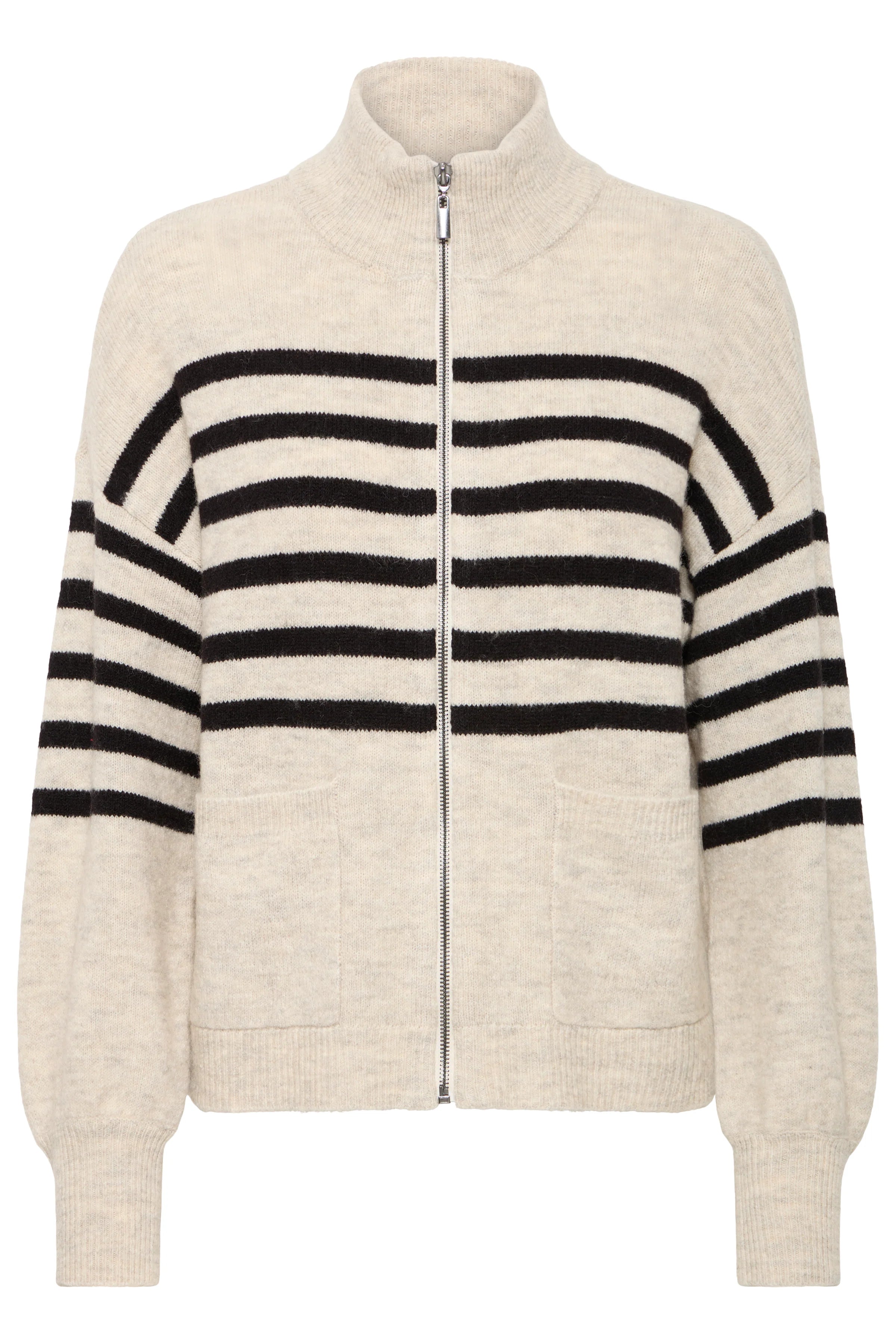Fransa Elvira 20617042 Cardigan, It has a beige base with black stripes and a metal zipper