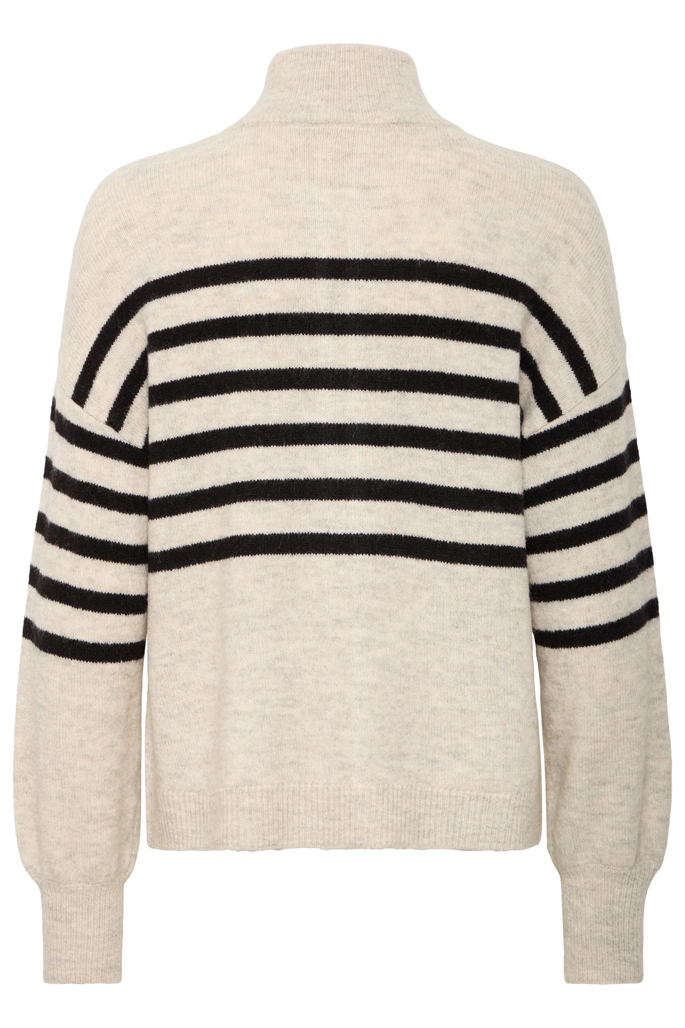 Fransa Elvira Cardigan in Oatmeal Melang back view, beige with black stripes. 