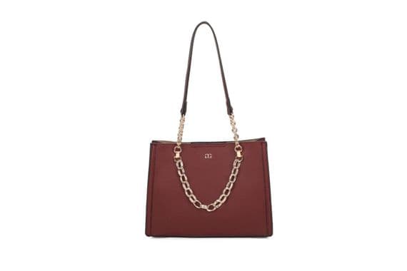Red handbag with a gold chain strap on a white background