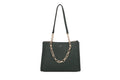 Black handbag with a gold chain detail on a white background