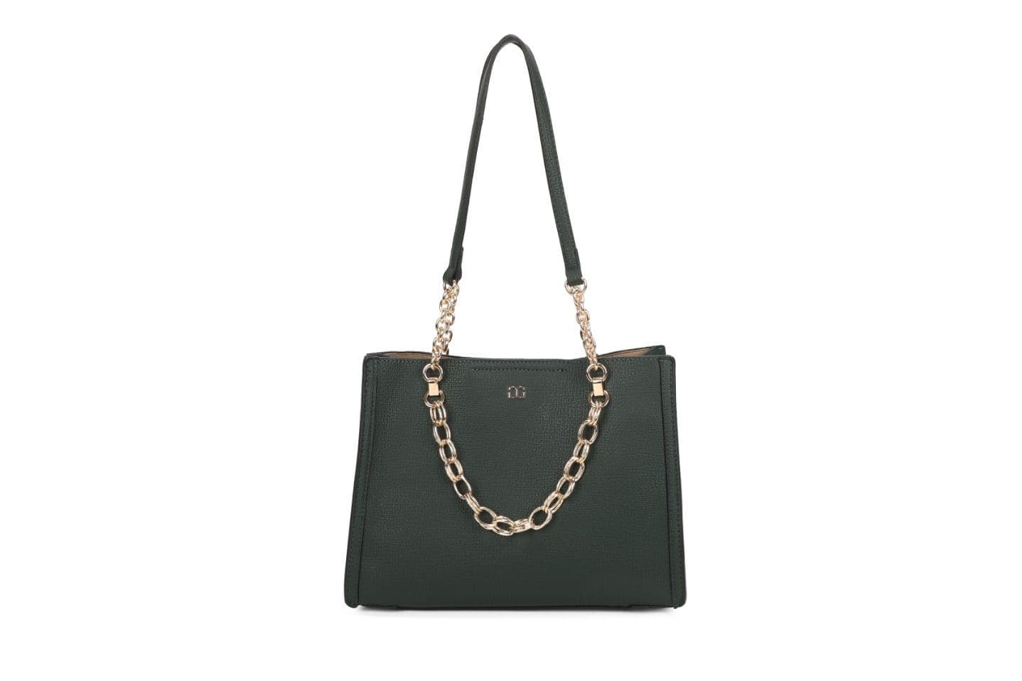 Black handbag with a gold chain detail on a white background