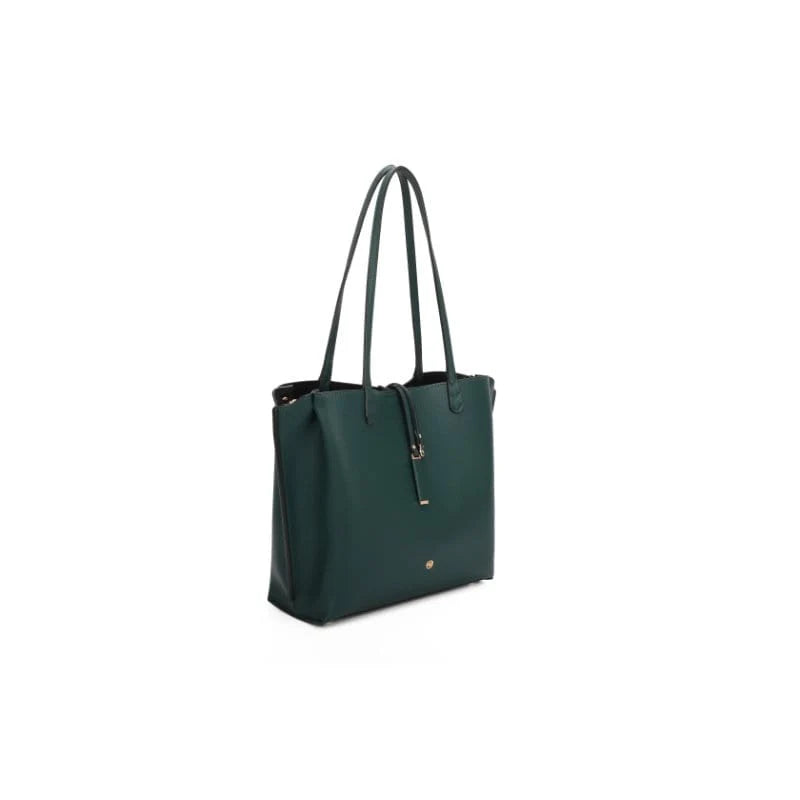 Green handbag with black handles on a white background