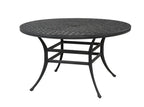 A round black metal patio dining table with a textured woven-look top and four curved legs, shown on a plain white background.