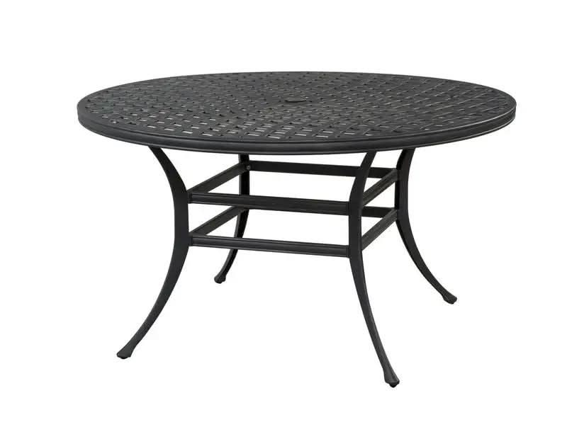 A round black metal patio dining table with a textured woven-look top and four curved legs, shown on a plain white background.