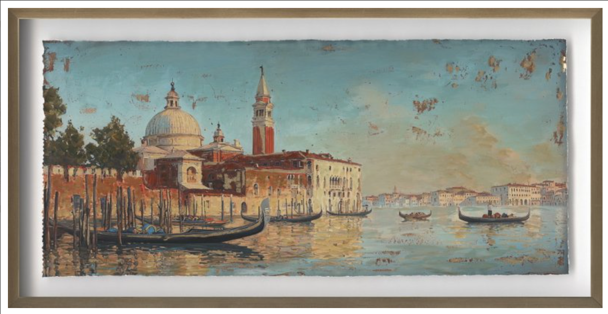 Framed artwork of a Venetian scene with gondolas and a church.