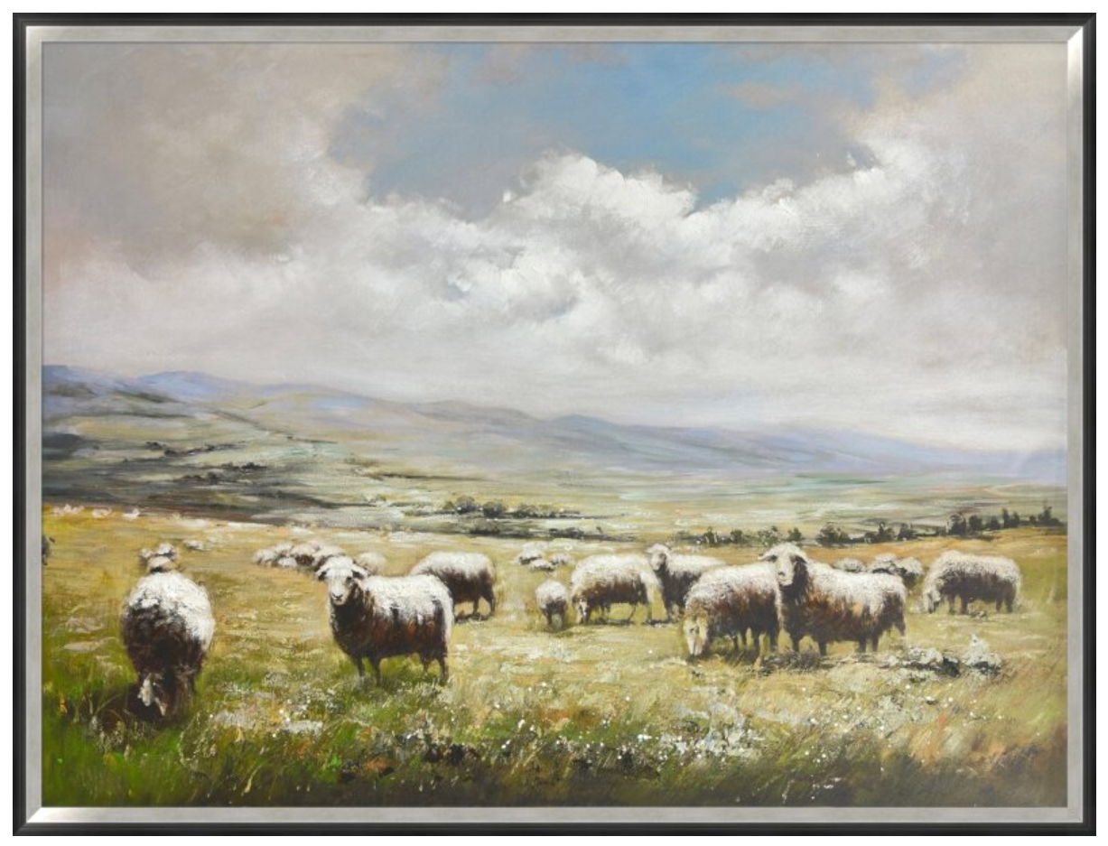 Painting of sheep grazing in a field with a scenic background