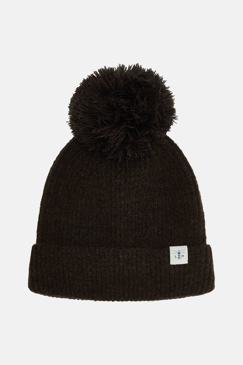 cocoa knit beanie with pom-pom on a light gray background