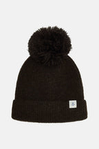 cocoa knit beanie with pom-pom on a light gray background