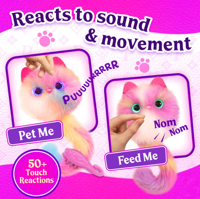 Toy with pink and white fur pomsies reacting to sound and movement on a pink background