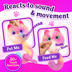 Toy with pink and white fur pomsies reacting to sound and movement on a pink background