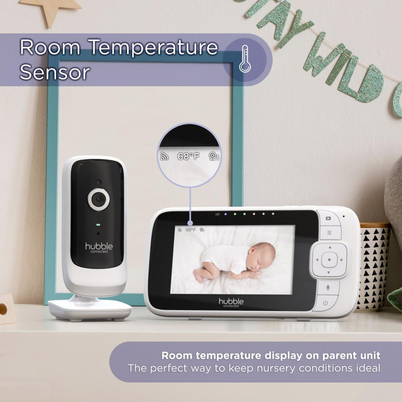 Display showing room temperature and lullabies feature on baby monitor