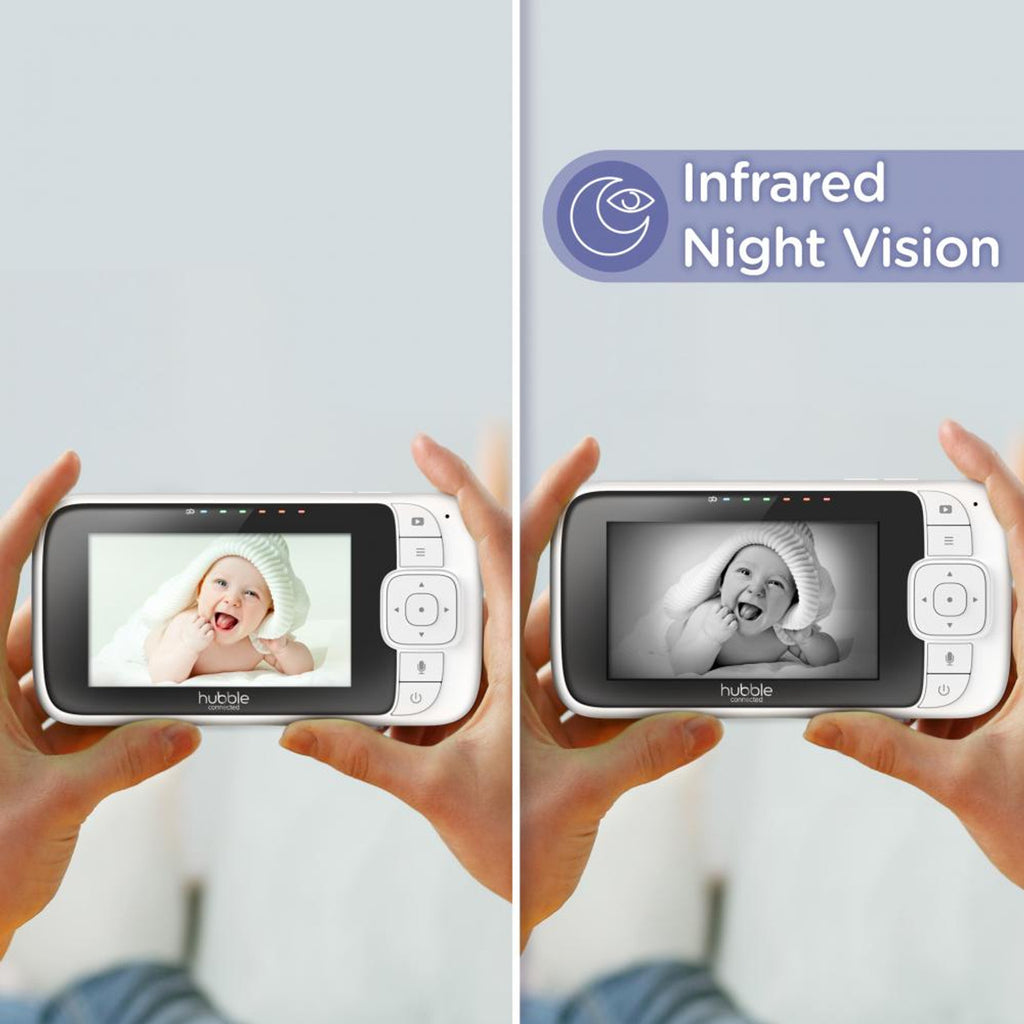 Hubble baby monitor showing infrared night vision mode in nursery