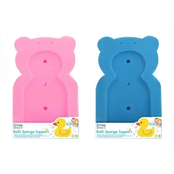 Two bear-shaped bath sponge supports on a white background, one in pink and one in blue, each with a yellow rubber duck graphic and the text 'Puppy Start Bath Sponge Support' on the lower packaging.