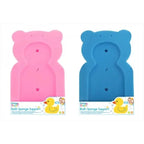 Two bear-shaped bath sponge supports on a white background, one in pink and one in blue, each with a yellow rubber duck graphic and the text 'Puppy Start Bath Sponge Support' on the lower packaging.