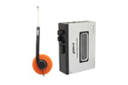 A silver and black cassette player and its matching orange-and-black wired headphones shown on a plain white background.