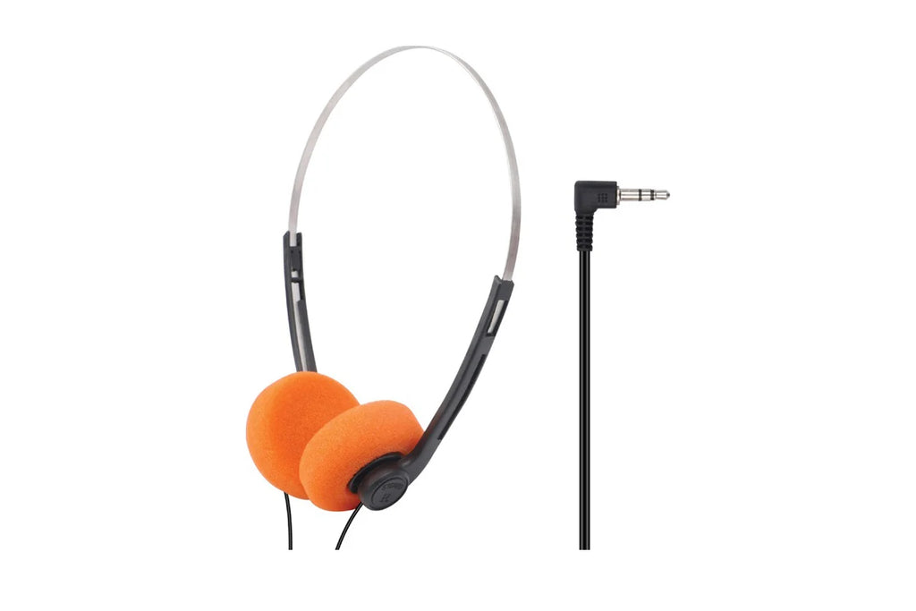 Over-ear wired headphones with bright orange ear cushions, a black headband structure, and a separate black audio cable with a 1/4-inch jack, shown on a plain white background.