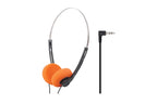 Over-ear wired headphones with bright orange ear cushions, a black headband structure, and a separate black audio cable with a 1/4-inch jack, shown on a plain white background.
