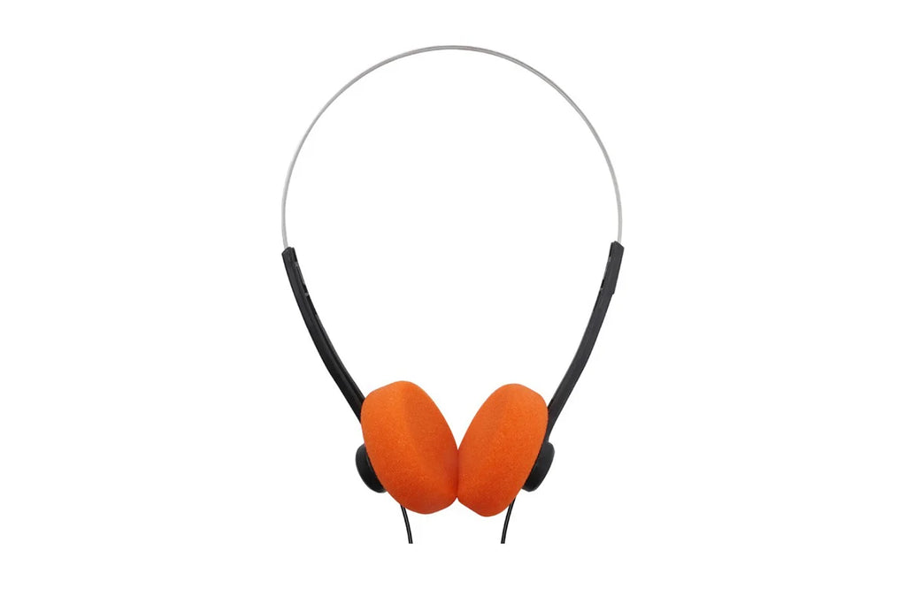 Over-ear wired headphones with bright orange ear cushions and black headband arms on a plain white background.