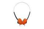 Over-ear wired headphones with bright orange ear cushions and black headband arms on a plain white background.