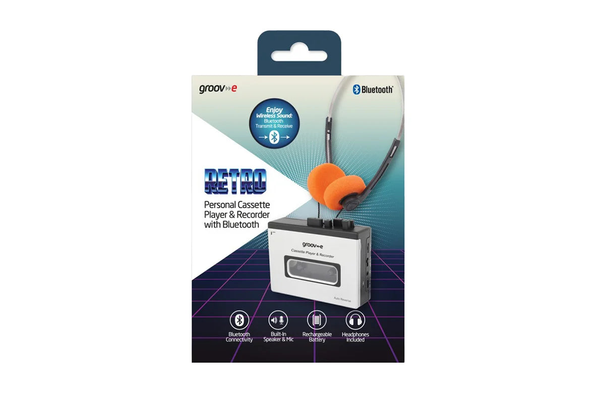 Groove Betoo Bluetooth personal cassette player and recorder in its retail packaging, featuring a white cassette unit with orange earphones and a blue and white box design.