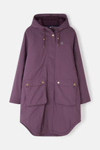Purple hooded coat with button details on a light gray background