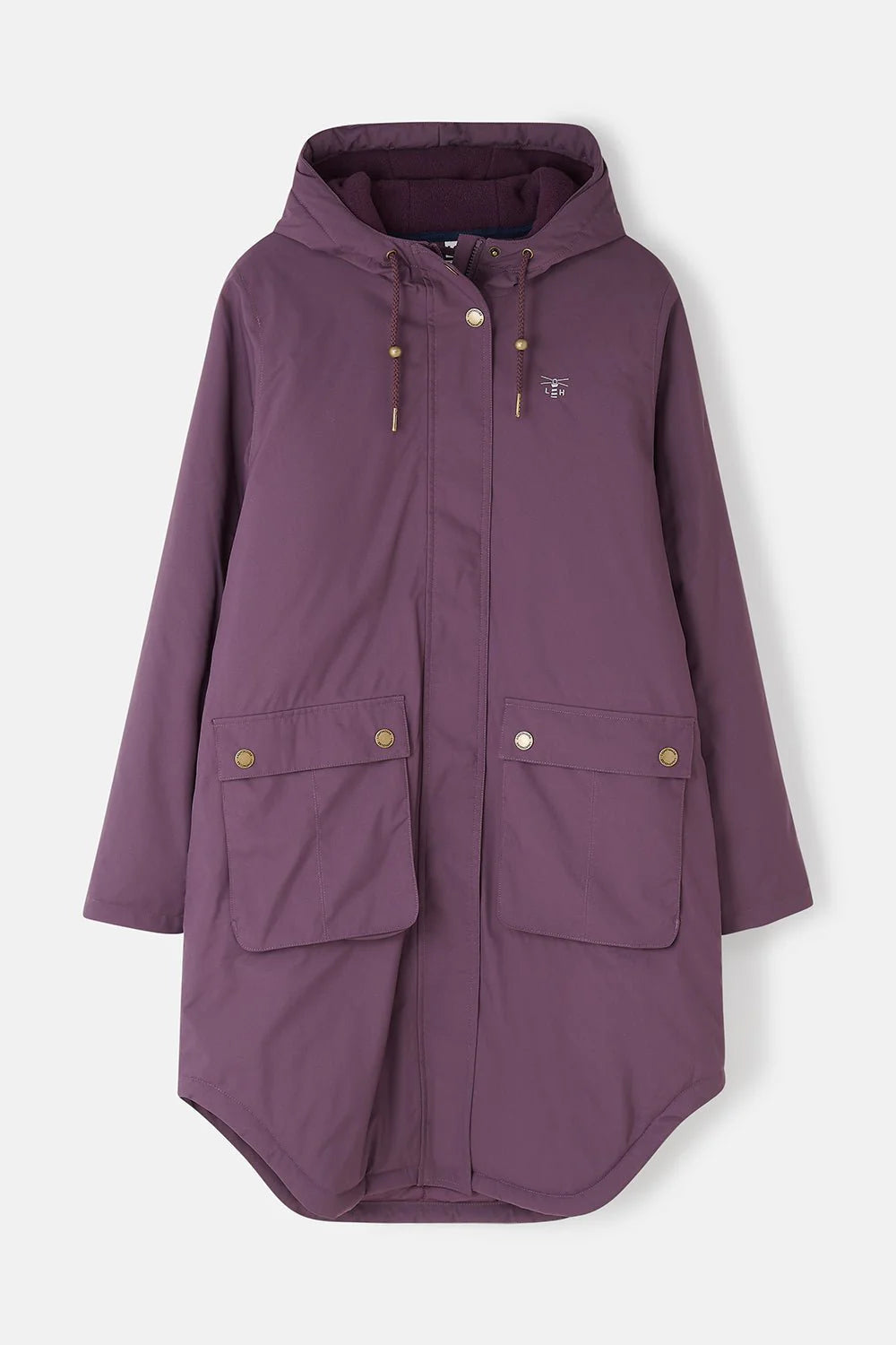 Purple hooded coat with button details on a light gray background