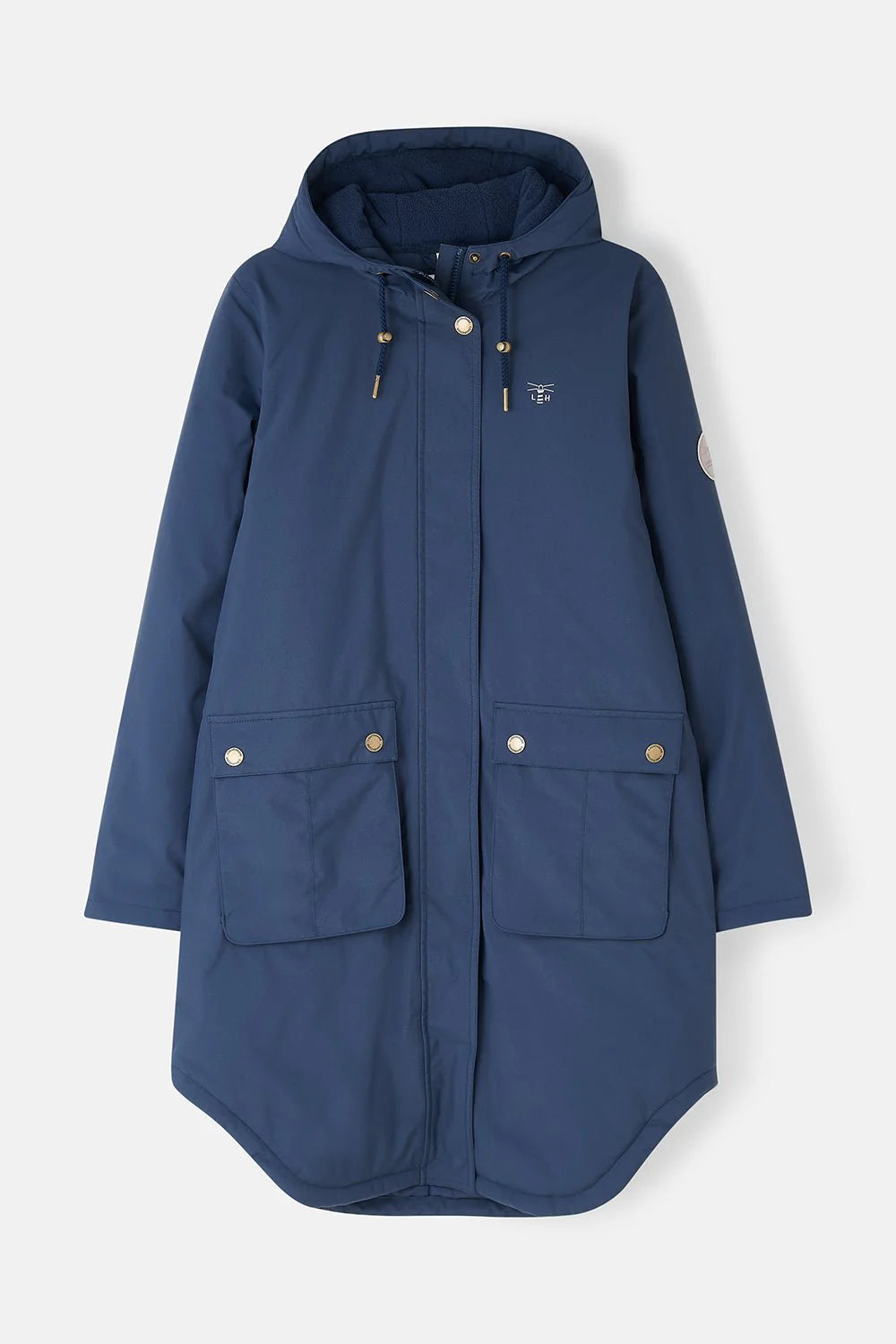 Blue hooded jacket with two front pockets on a light gray background