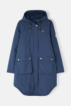 Blue hooded jacket with two front pockets on a light gray background