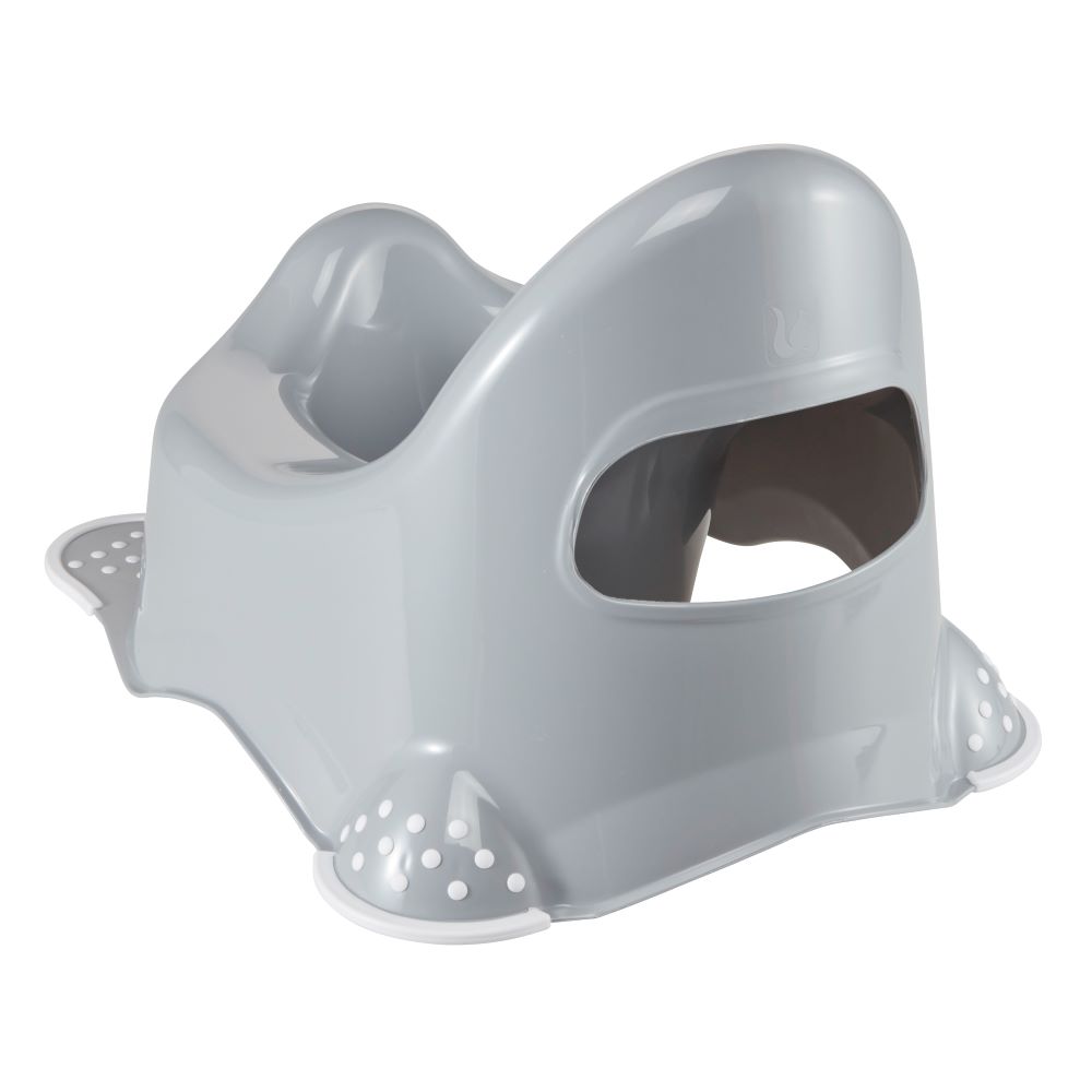 Gray baby potty seat with suction cups on a white background