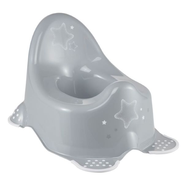 Gray potty chair with star patterns on a white background