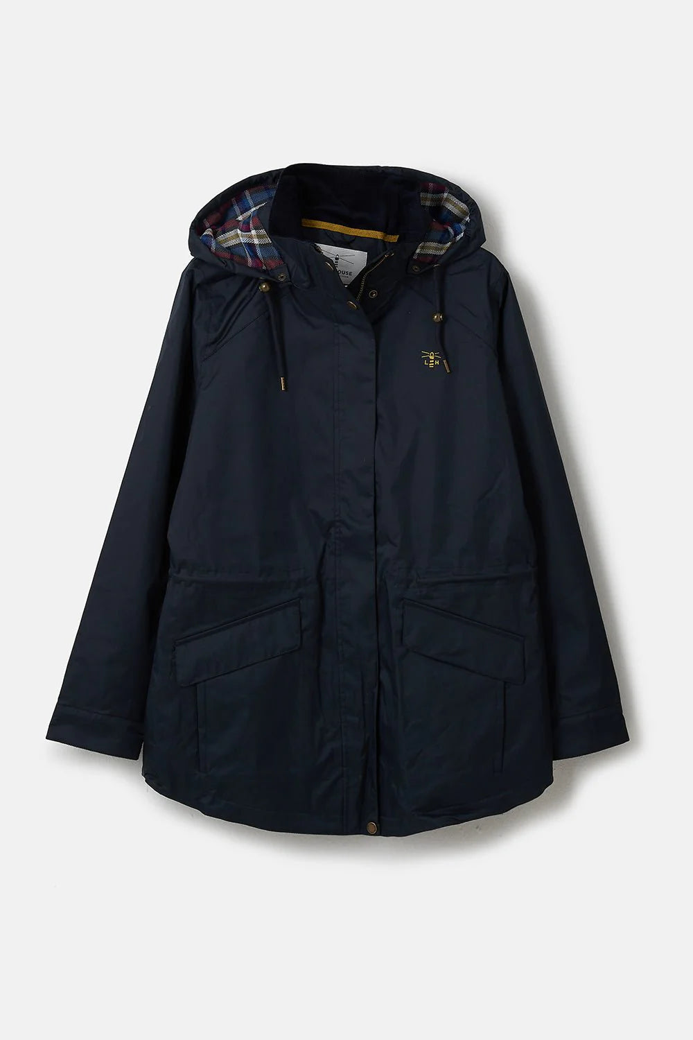 Navy blue jacket with plaid hood lining on a light gray background