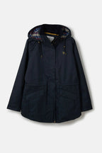 Navy blue jacket with plaid hood lining on a light gray background