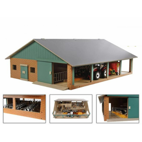 Model of a barn with a tractor inside, displayed on a white background.