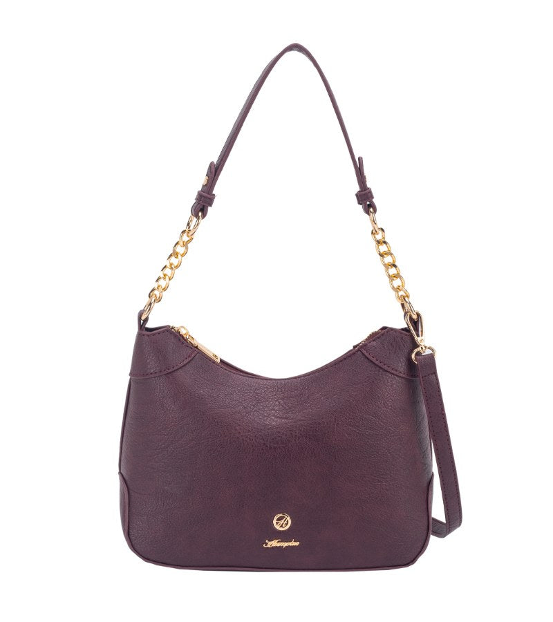 Purple handbag with gold chain strap on a white background
