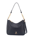 Black handbag with gold chain detail on a white background