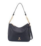 Black handbag with gold chain detail on a white background